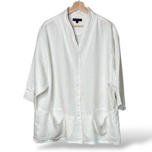 KOKOMARINA 100% Linen White Snap Front Jacket Oversize Pockets 3/4 Sleeves Sz 18